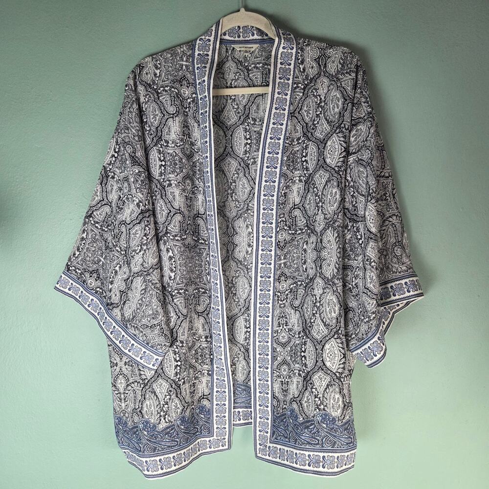 Max Studio Womens XL Blue Black White Open Front Floral Kimono Cardigan Coverup